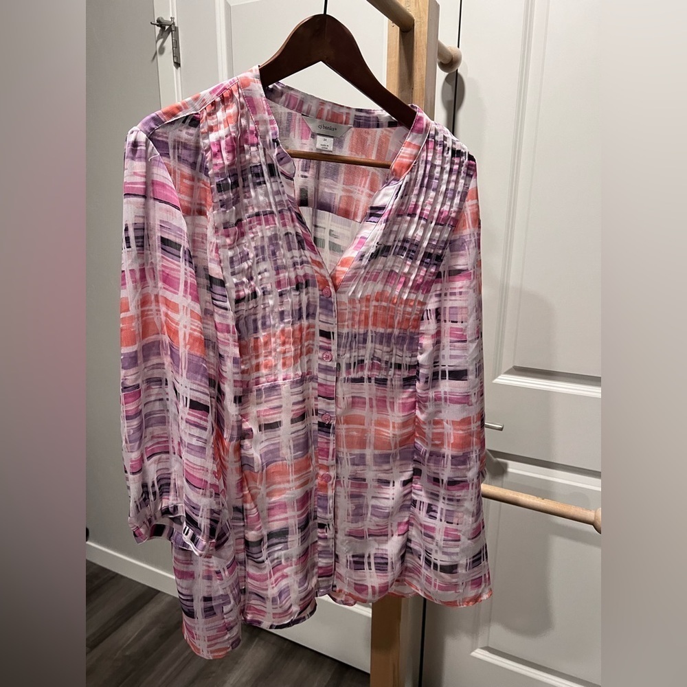 CJ Banks Split V-Neck Button Down Multi-Colored Blouse Women’s Size 3X Pleated